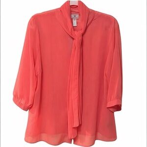 Worthington Sheer Tie-Neck Blouse XL Bright Cayenne Coral NWT